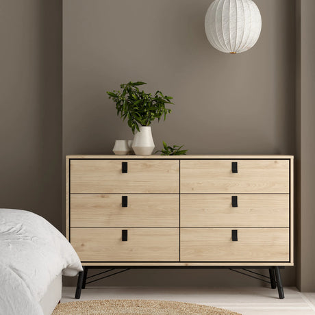 Ry Wide Chest of 6 Drawers in Hickory Oak