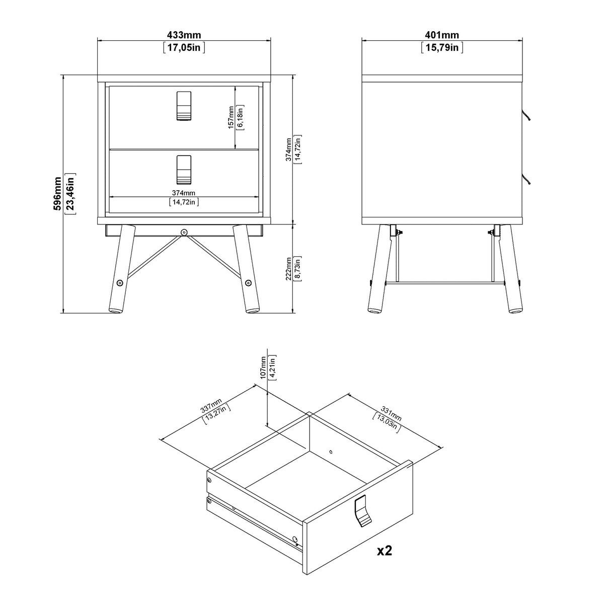Ry Package - Wardrobe 3 doors + 3 drawers + Double chest of drawers 6 drawers + Bedside cabinet 2 drawer in Matt Black Walnut