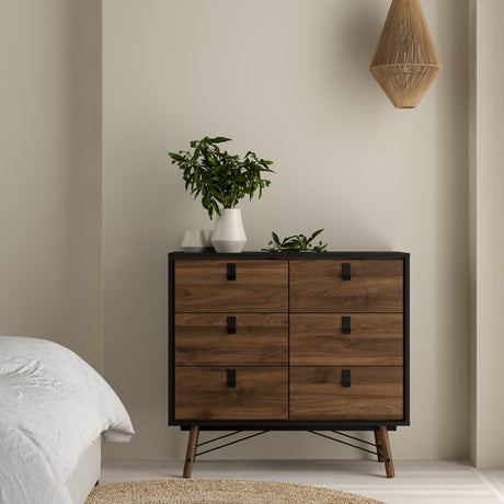 Ry Package - Wardrobe 3 doors + 3 drawers + Double chest of drawers 6 drawers + Bedside cabinet 2 drawer in Matt Black Walnut