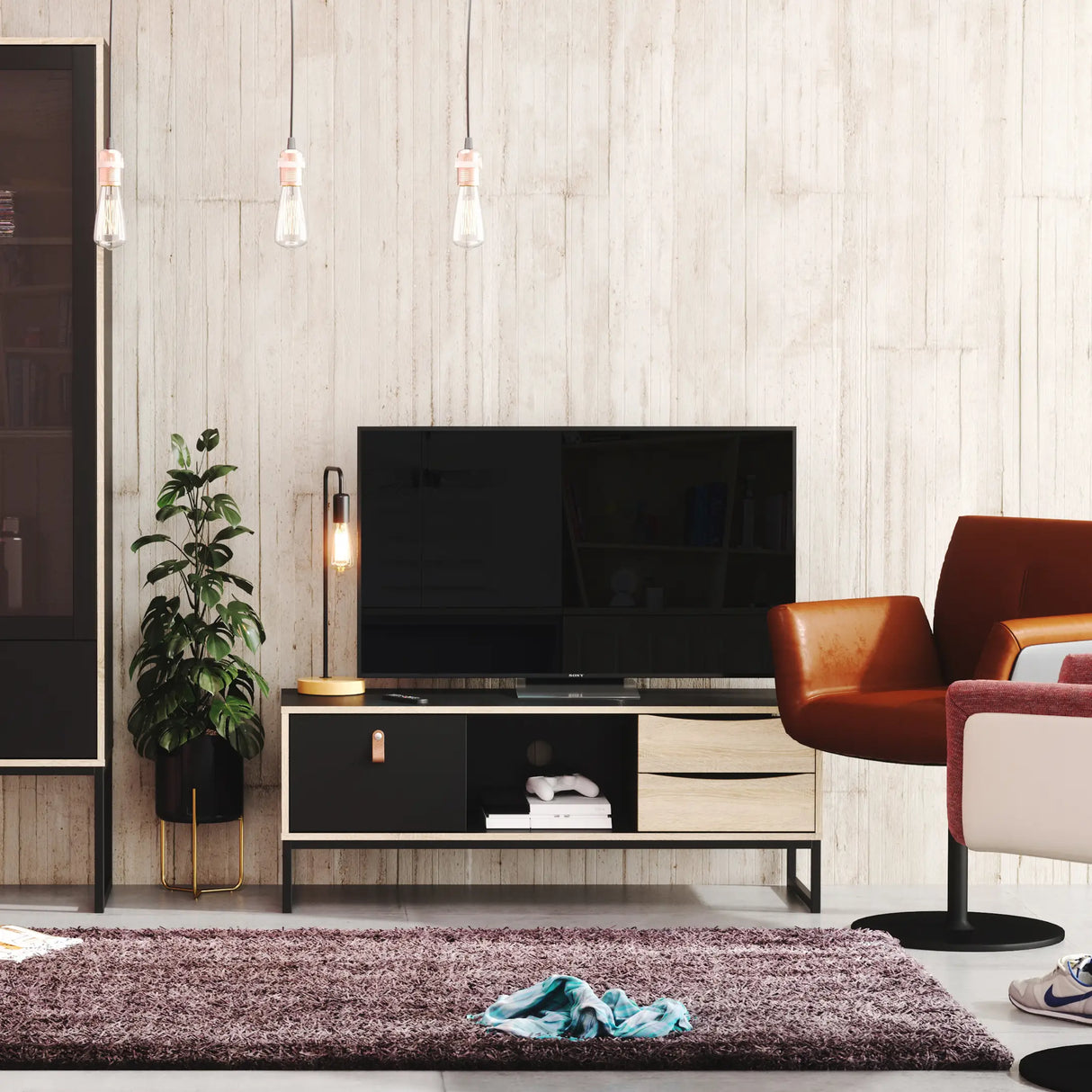 Stubbe TV Unit with Door and Drawers in Black Oak