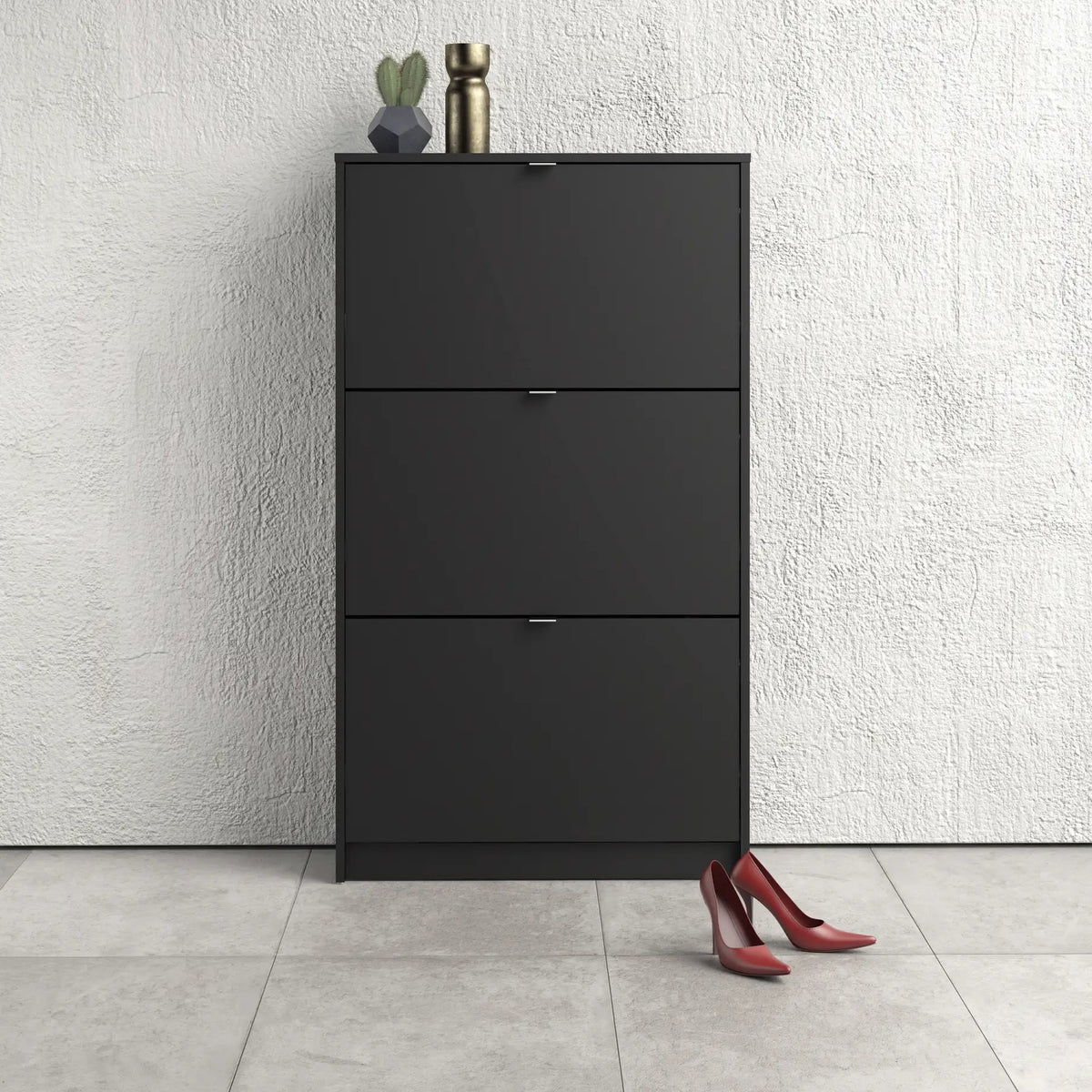 Shoes Cabinet with 3 Flip Down Doors and 2 Layers in Matt Black