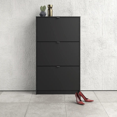 Shoes Cabinet with 3 Flip Down Doors and 2 Layers in Matt Black