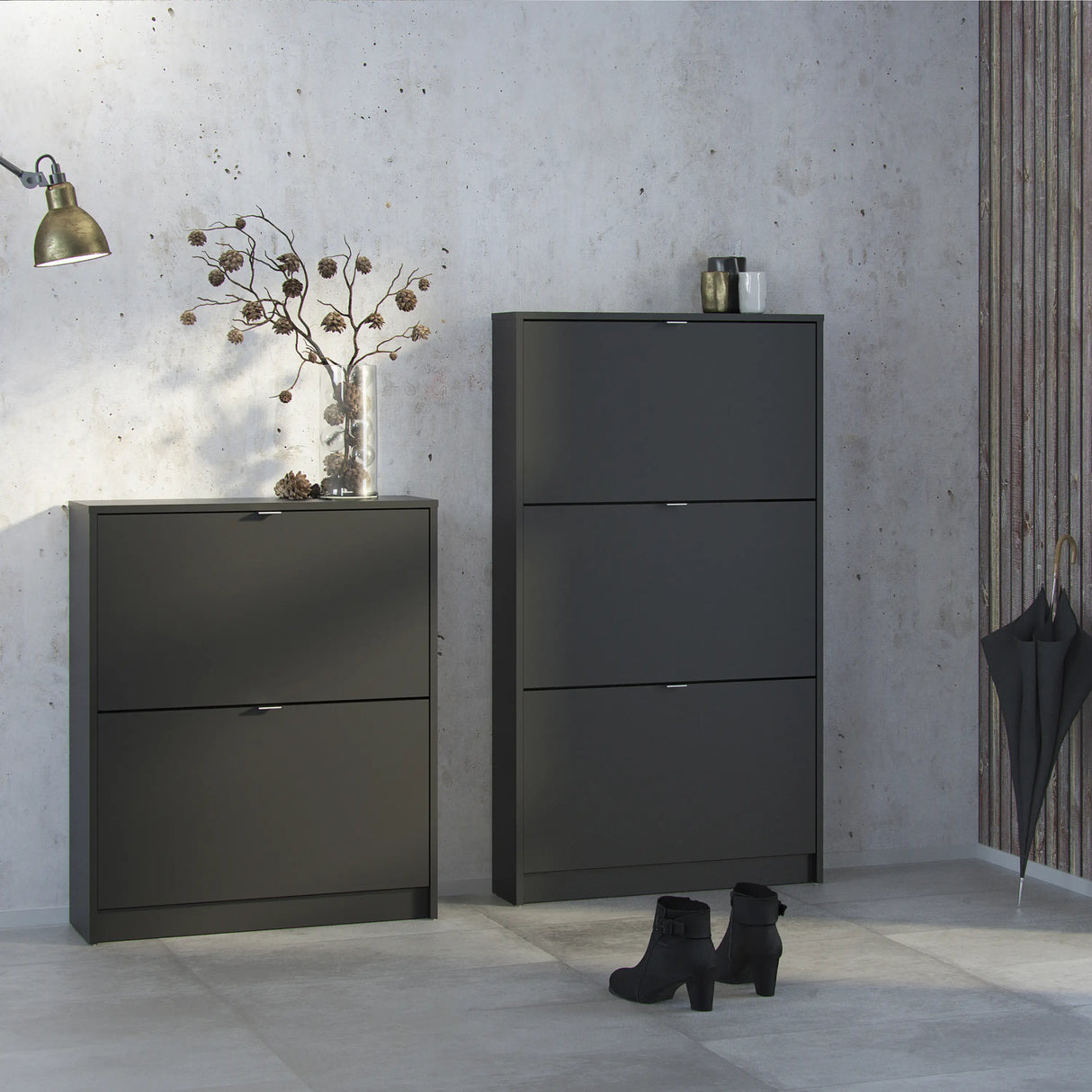 Shoes Cabinet with 3 Flip Down Doors and 2 Layers in Matt Black