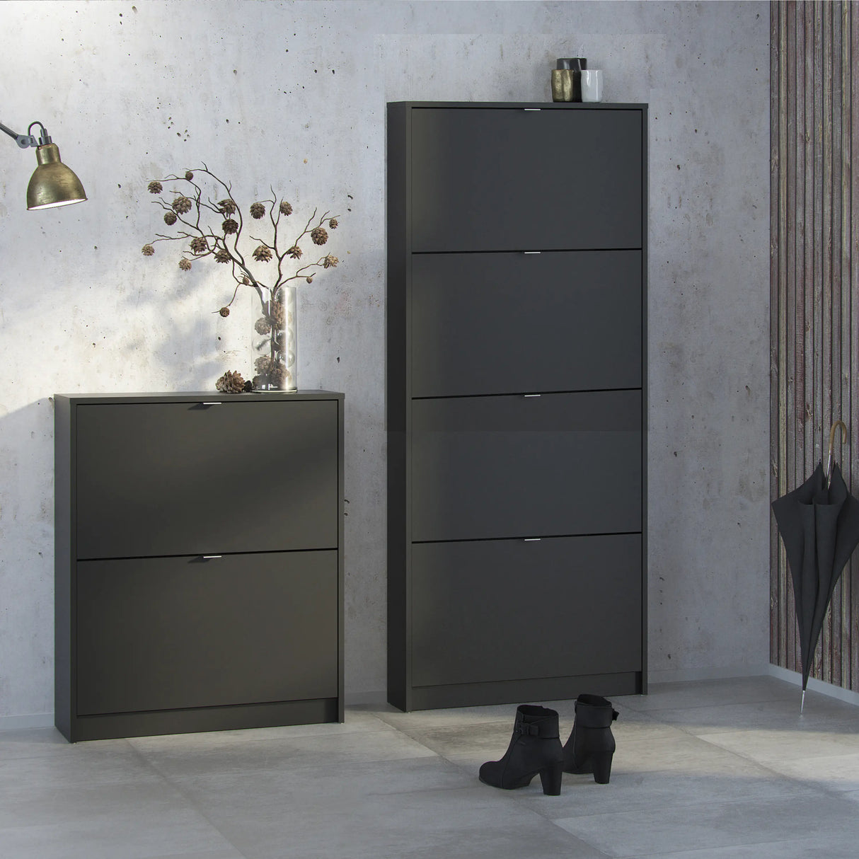 Shoes Cabinet with 4 Flip Doors and 2 Layers in Matt Black