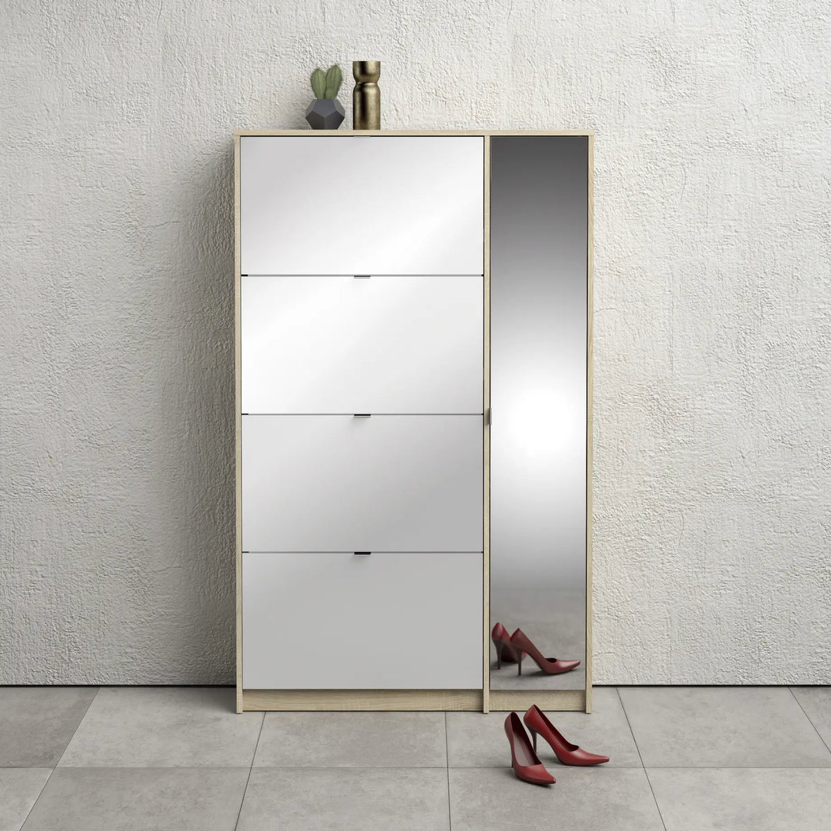 Shoes Cabinet with 4 Flip Doors and Mirror Door in Oak Structure