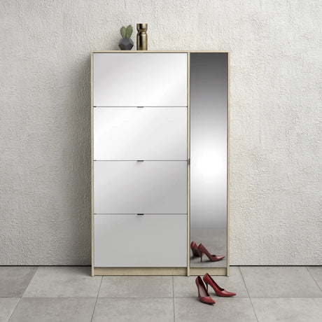 Shoes Cabinet with 4 Flip Doors and Mirror Door in Oak Structure