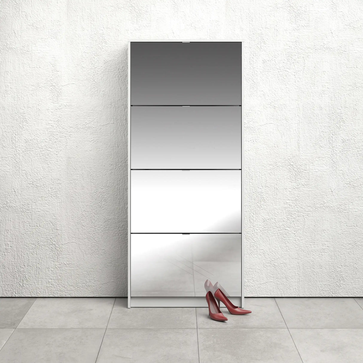 Shoes Cabinet with 4 Mirrored Flip Doors and 2 Layers in White