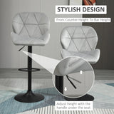HOMCOM Adjustable Bar Stools Set of 2, Armless Upholstered Swivel Counter Chairs, Barstools with Back, Footrest, Light Grey