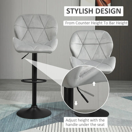 HOMCOM Adjustable Bar Stools Set of 2, Armless Upholstered Swivel Counter Chairs, Barstools with Back, Footrest, Light Grey