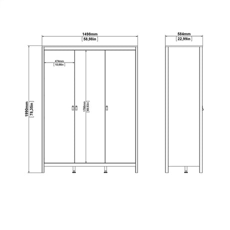Barcelona Package - Bedside Table 2 drawers + Chest 3+2 drawer + Wardrobe with 3 doors in White