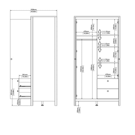 Barcelona Wardrobe with 1 door + 1 Mirror Door + 2 Drawers Matt Black