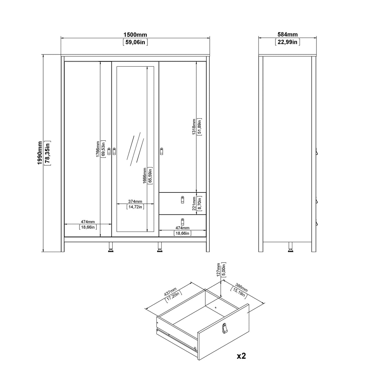 Barcelona Wardrobe with 2 Doors + 1 Mirror Door + 2 Drawers in Cashmere