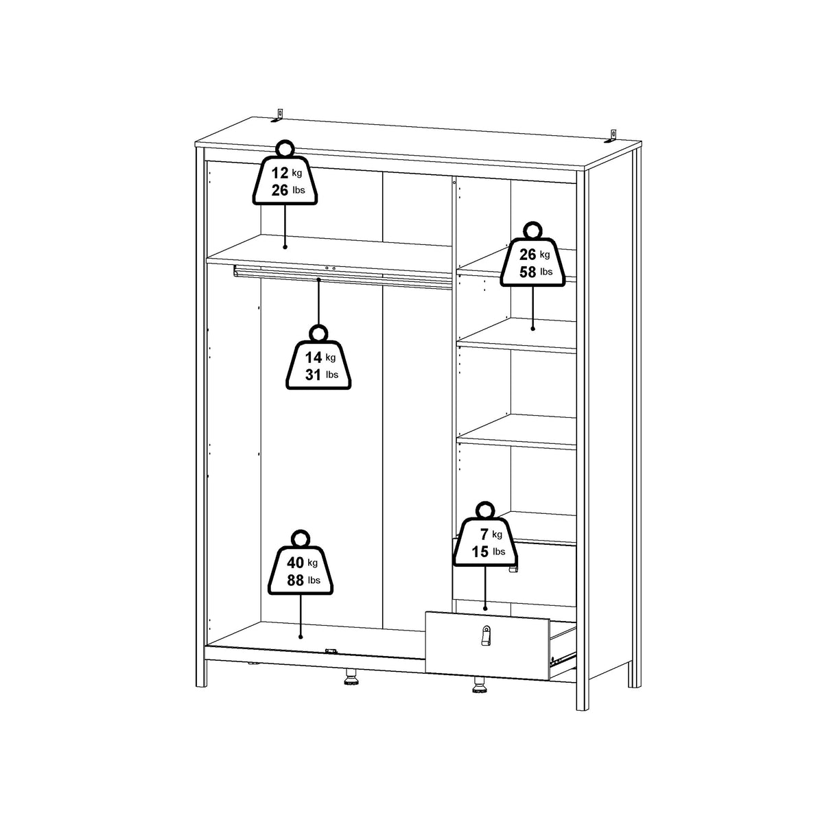 Barcelona Wardrobe with 2 Doors + 1 Mirror Door + 2 Drawers in Cashmere