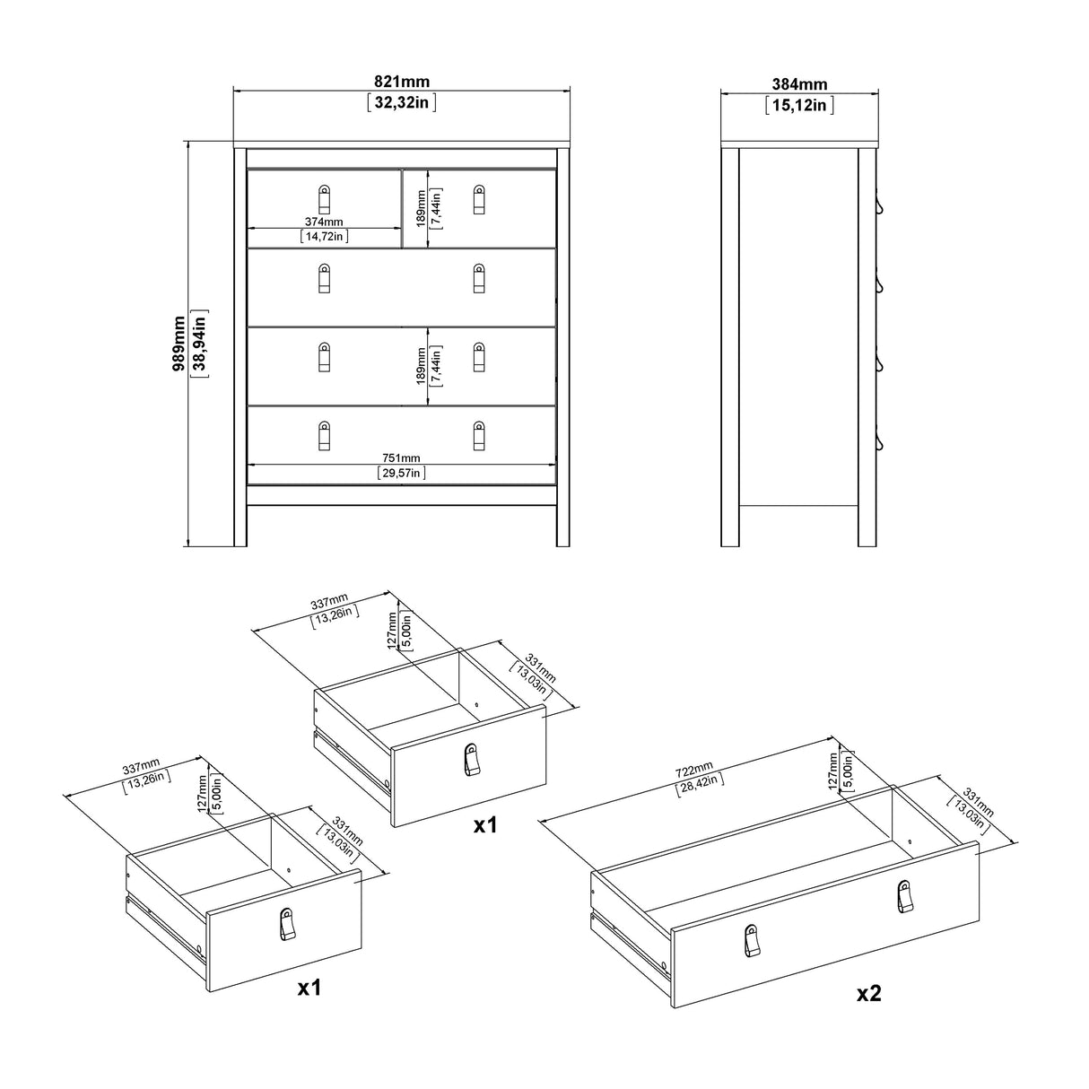 Barcelona Chest 3+2 Drawers in White