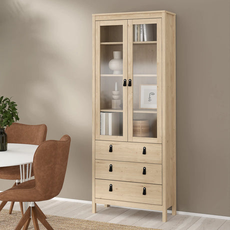 Barcelona China Cabinet 2 Glass Doors with 3 Drawers in Oak