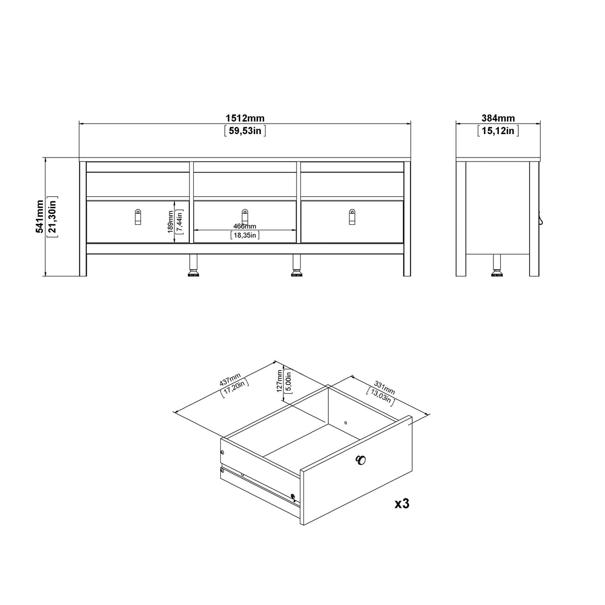 Barcelona TV Unit 3 Drawers in White