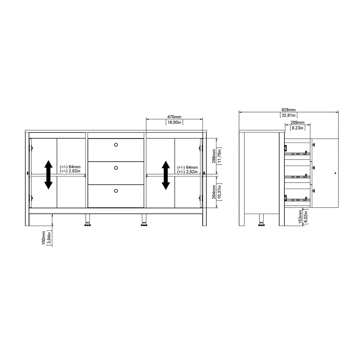 Barcelona Sideboard 2 Doors + 3 Drawers in White