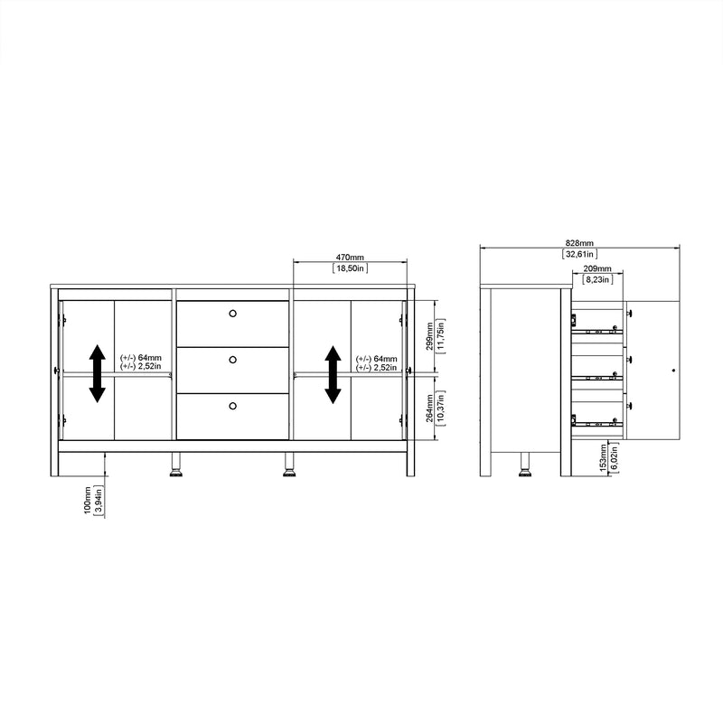 Barcelona Sideboard 2 Doors + 3 Drawers in Matt Black