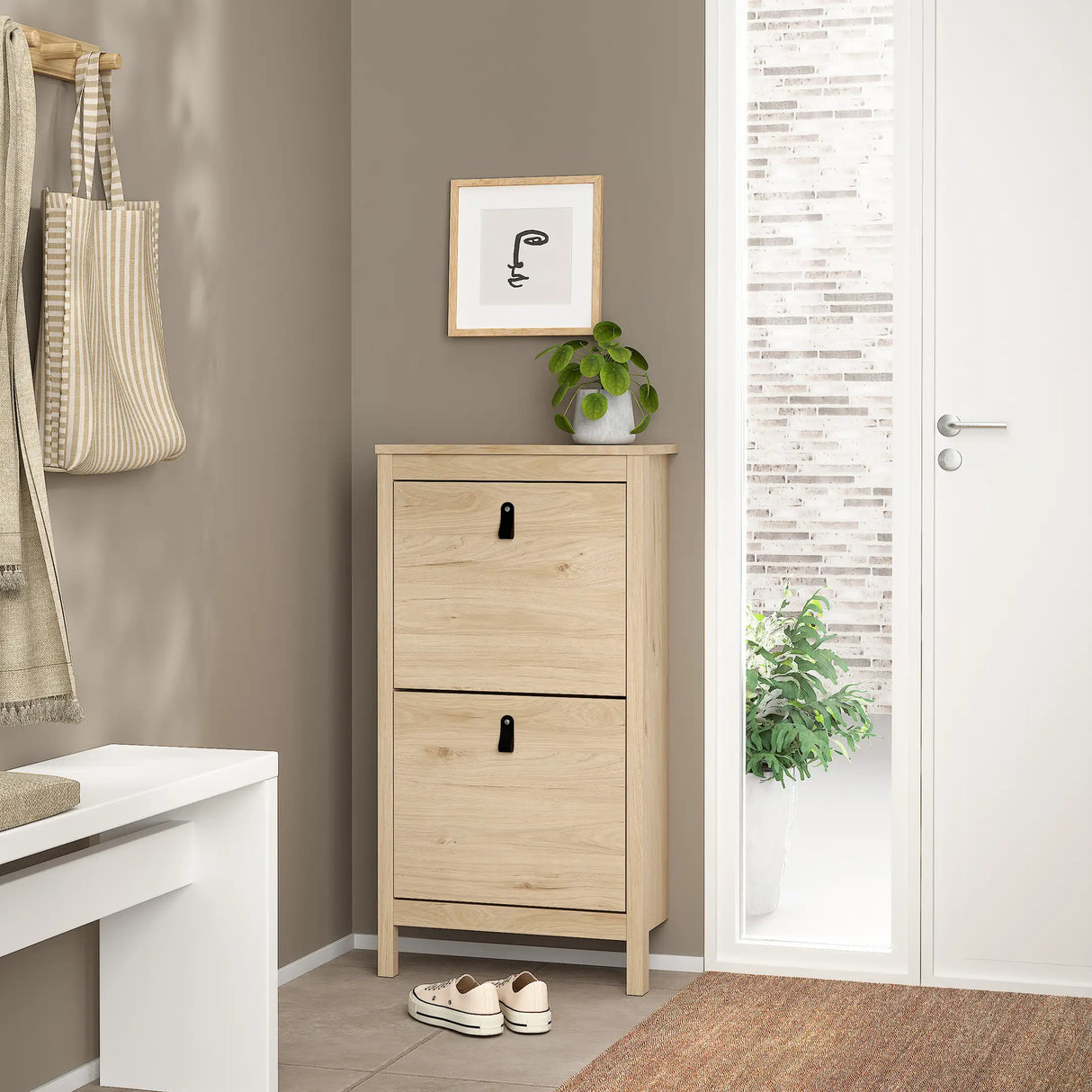 Barcelona Shoe Cabinet 2 Flip Down Doors in Jackson Hickory Oak
