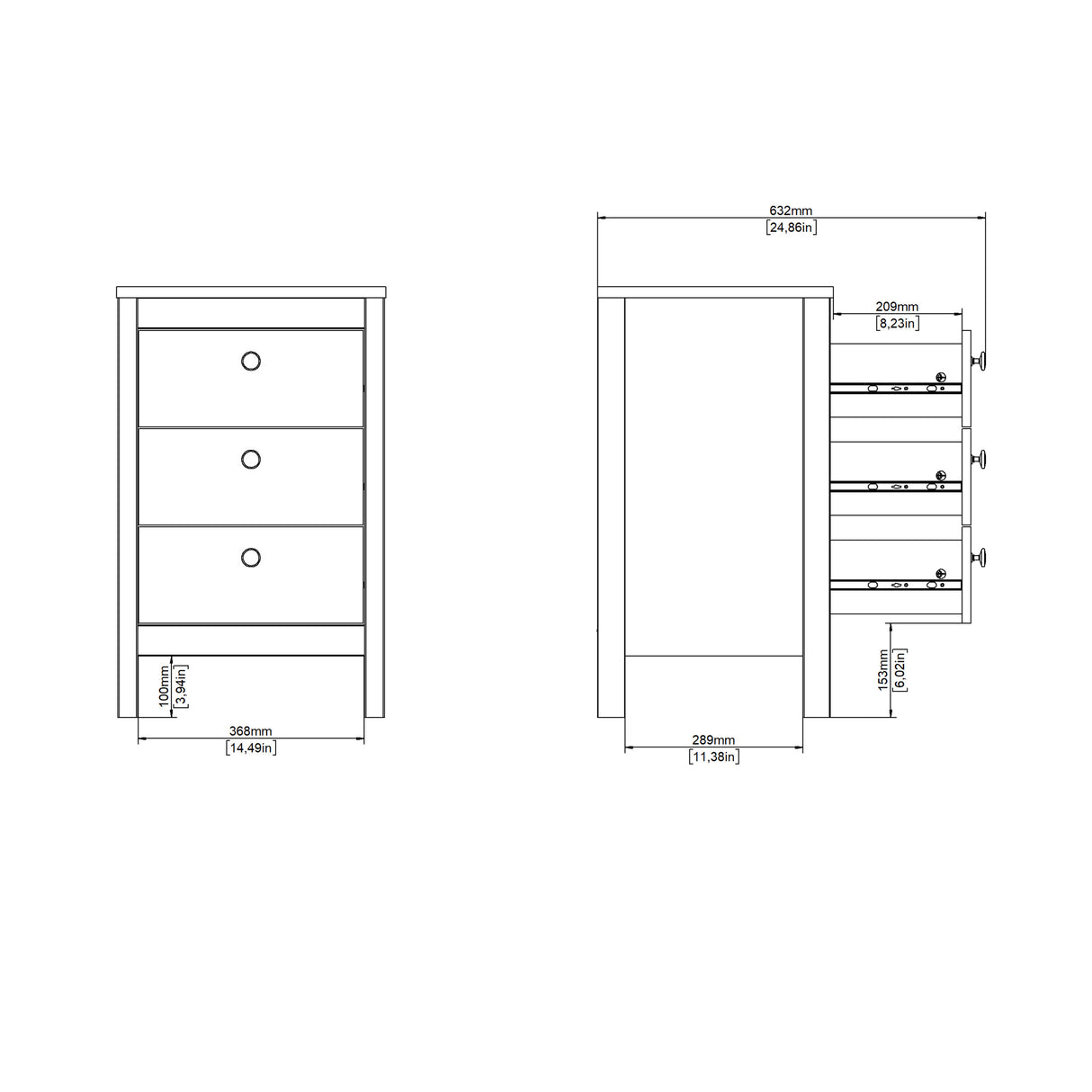 Barcelona Bedside Table 3 drawers in Matt Black
