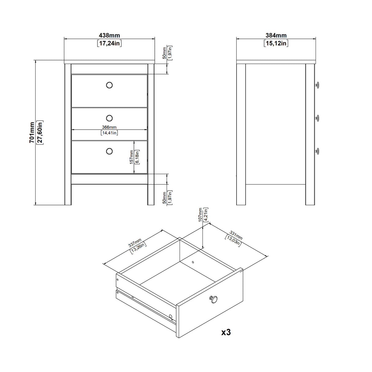 Barcelona Bedside Table 3 drawers in Jackson Hickory Oak