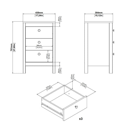 Barcelona Bedside Table 3 drawers in Jackson Hickory Oak