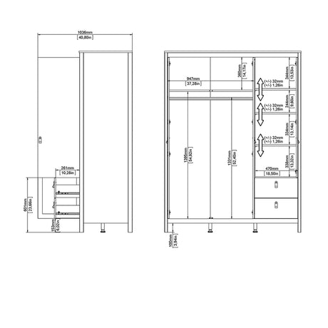 Madrid  Wardrobe with 2 Doors 1 Mirror Door 2 Drawers White