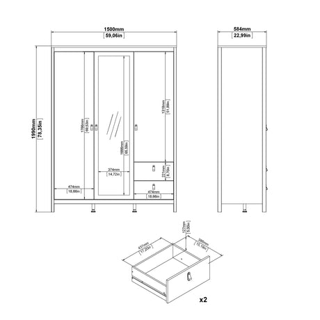 Madrid Wardrobe with 2 Doors + 1 Mirror Door + 2 Drawers in Cashmere