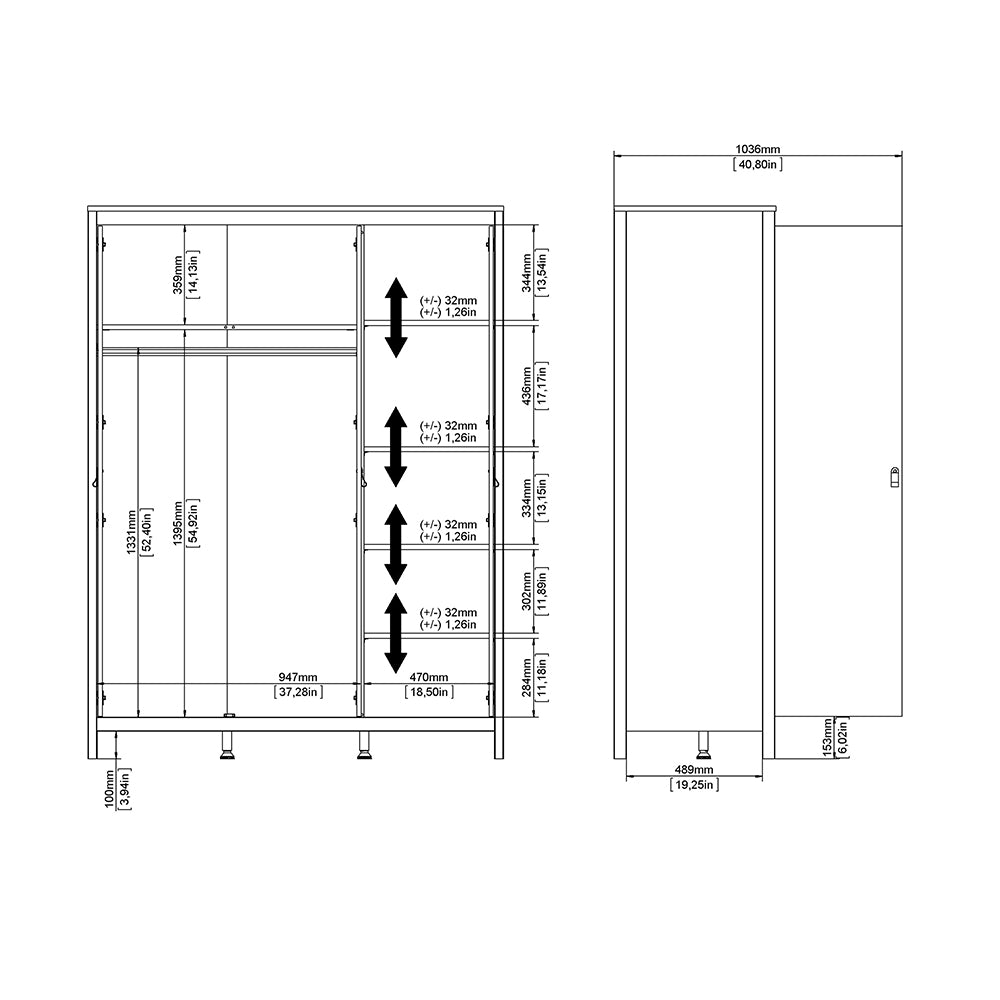 Madrid Wardrobe with 3 Doors in Matt Black
