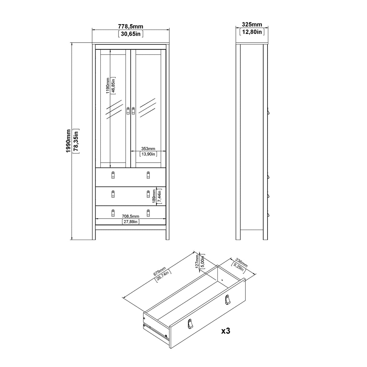Madrid China cabinet 2 doors w/glass + 3 drawers in Jackson Hickory Oak