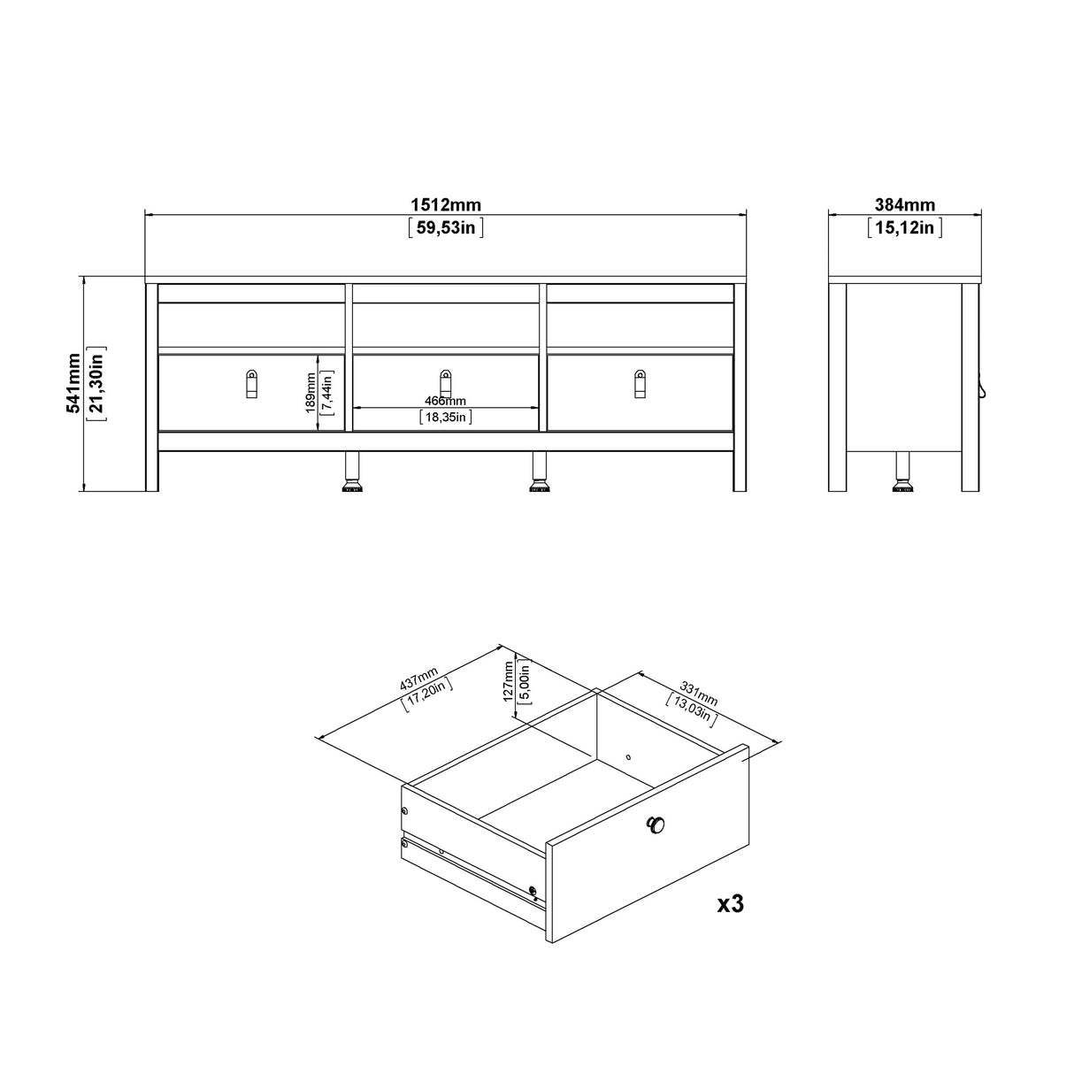 Madrid TV Unit 3 Drawers in Jackson Hickory Oak