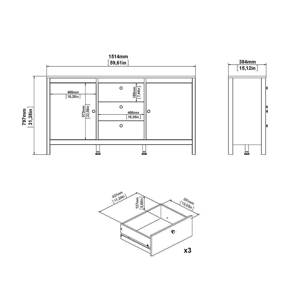 Madrid Sideboard 2 Doors + 3 Drawers in Matt Black