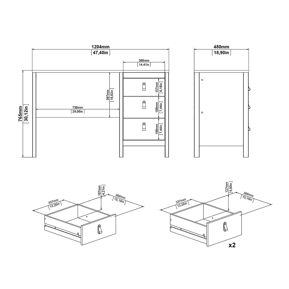 Madrid Desk 3 Drawers in Matt Black