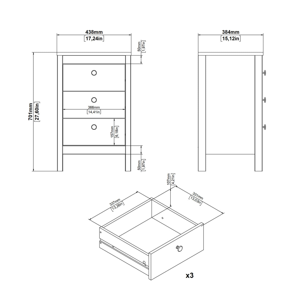 Madrid Bedside Table 3 drawers in Matt Black