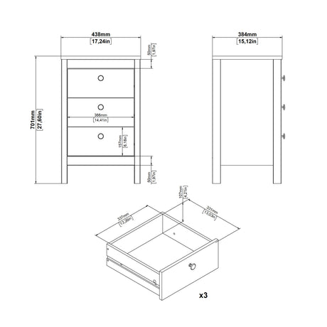 Madrid Bedside Table 3 drawers in Matt Black