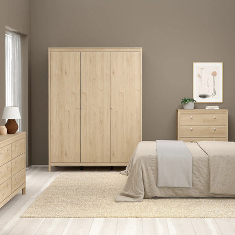 Madrid Package - Bedside Table 2 Drawers + Chest 5 Drawers + 3 Door Wardrobe in Jackson Hickory Oak