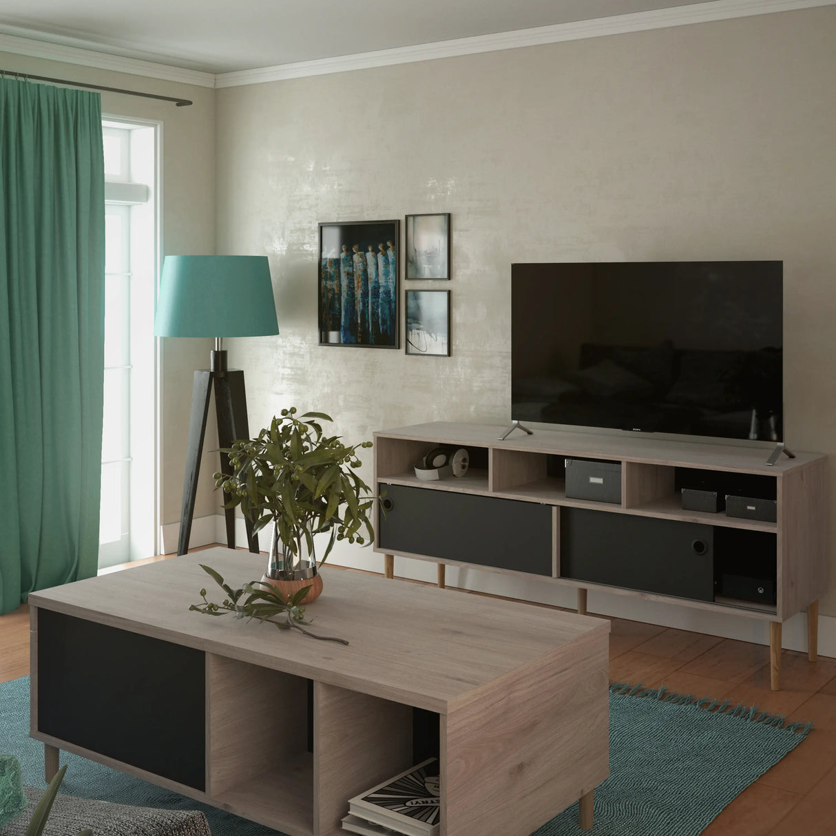 Rome TV Unit 2 Sliding Doors Oak and Matt Black