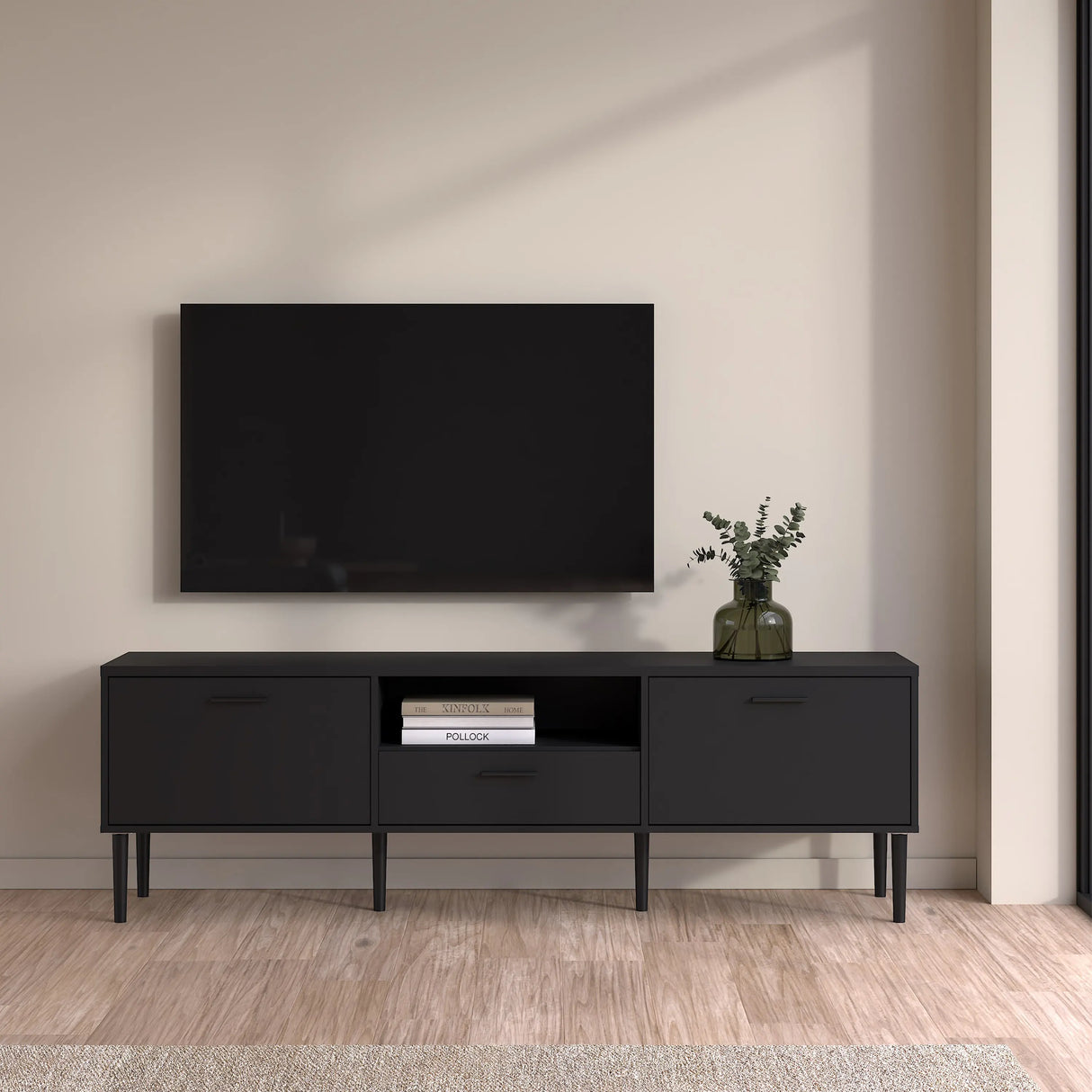 Media TV Unit with 2 Doors and 1 Drawer in Black
