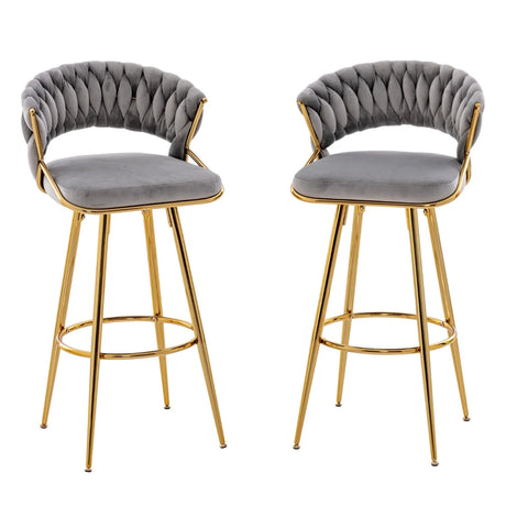 29 Inch Velvet Bar Stool Set of 2 with Woven Backrest and Gold Metal Legs-Gray