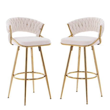 29 Inch Velvet Bar Stool Set of 2 with Woven Backrest and Gold Metal Legs-Beige