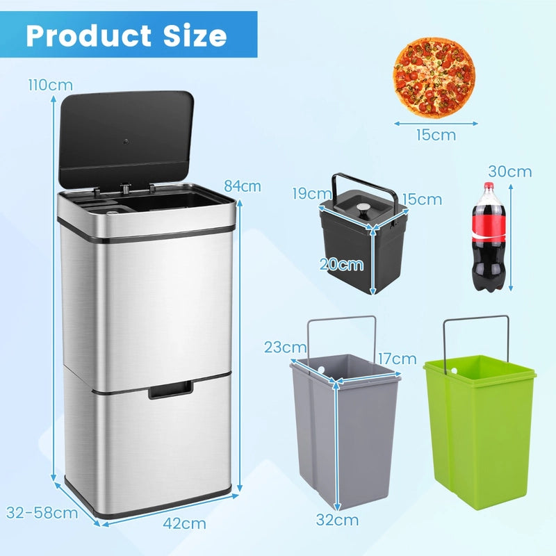 72L Stainless Steel Trash Can Motion Sensor Garbage Bin-Silver