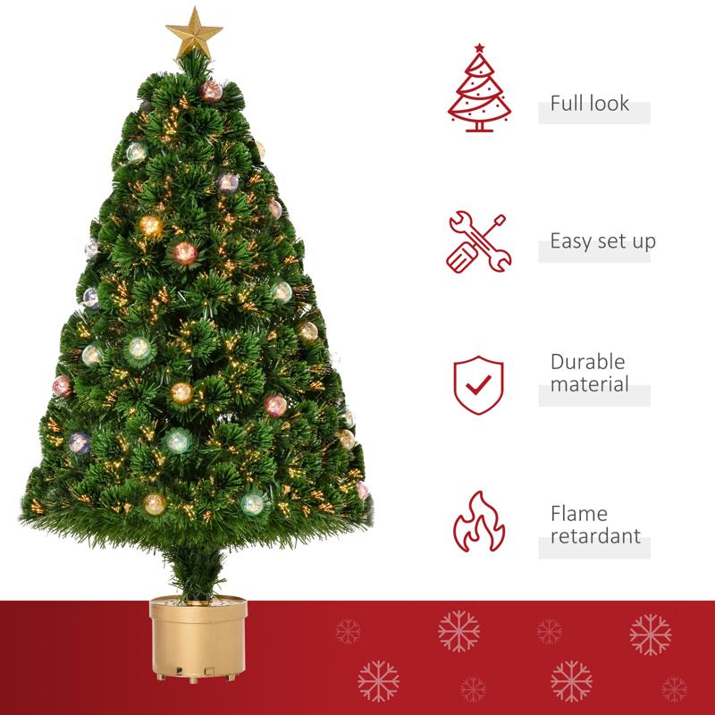 HOMCOM 4FT Prelit Artificial Christmas Tree with Fibre Optics, Baubles Decoration, Golden Pot for Holiday, Home - Green