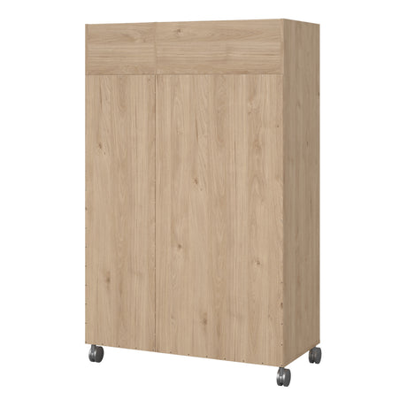 Uppsala Open Mobile Wardrobe Unit in Jackson Hickory Oak with a Beige Textile Curtain on Wheels