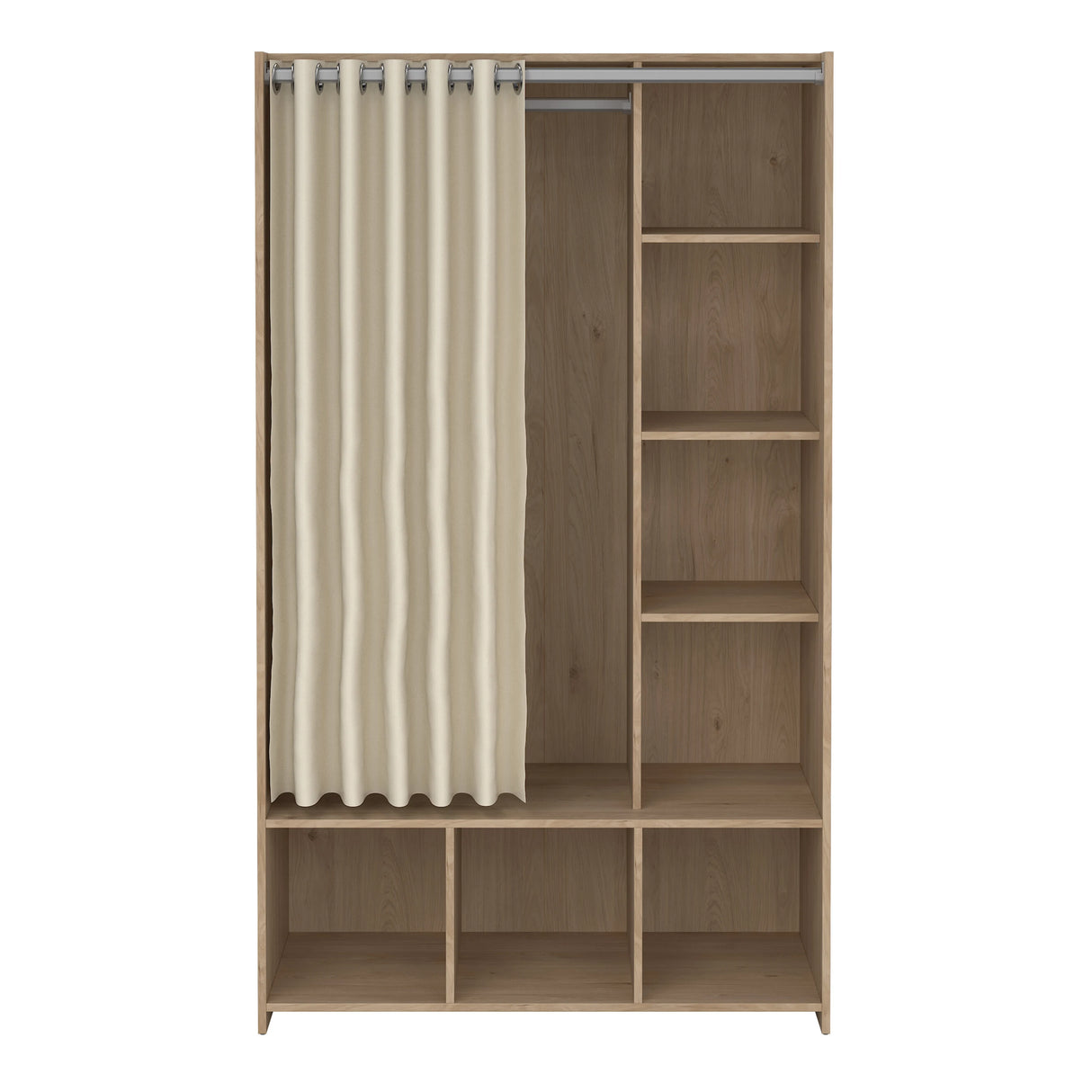 Uppsala Open Wardrobe Unit in Jackson Hickory Oak with a Beige Textile Curtain