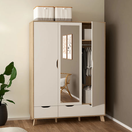 Ikast Wardrobe 3 Doors 2 Drawers with Mirror in Jackson Hickory and White