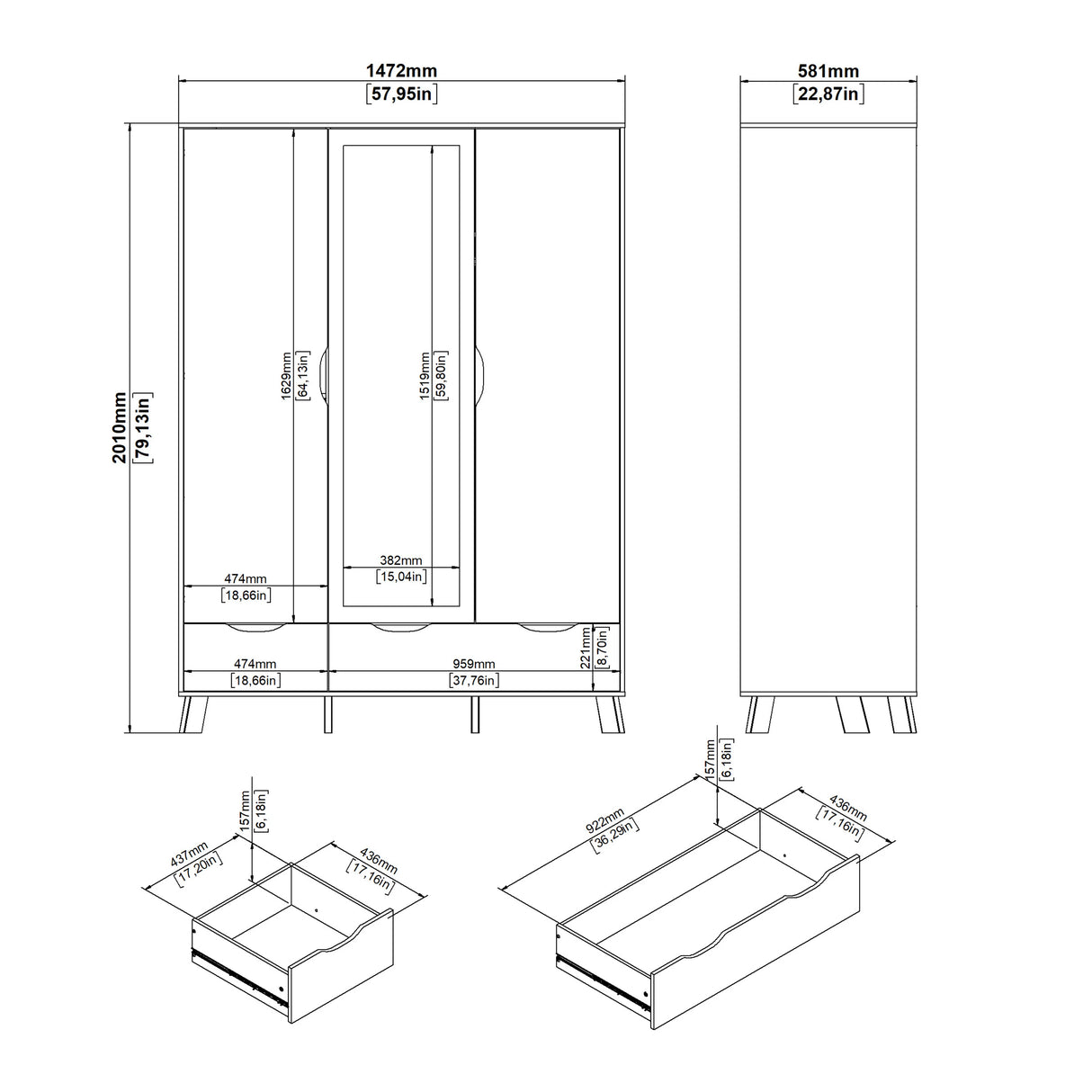 Ikast Wardrobe 3 Doors 2 Drawers with Mirror in Jackson Hickory and White