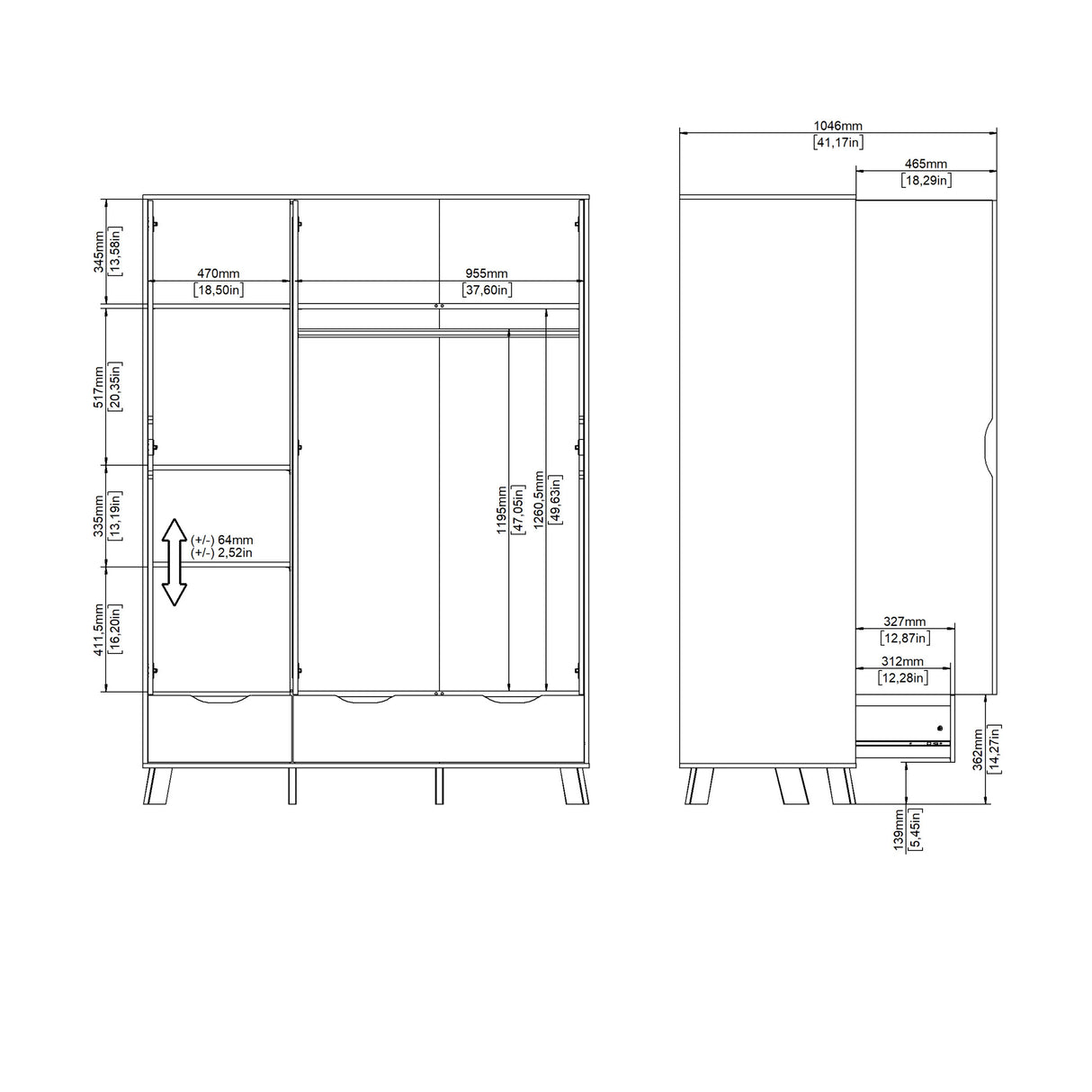 Ikast Wardrobe 3 Doors 2 Drawers with Mirror in Jackson Hickory and White