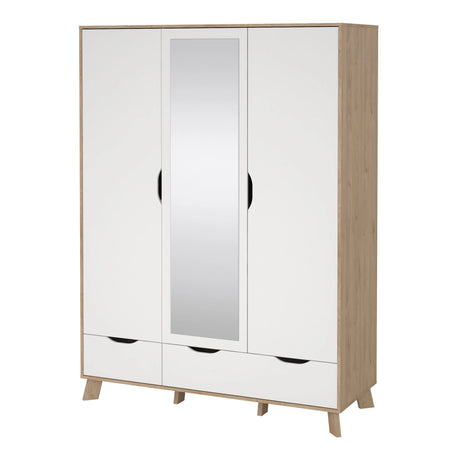 Ikast Wardrobe 3 Doors 2 Drawers with Mirror in Jackson Hickory and White