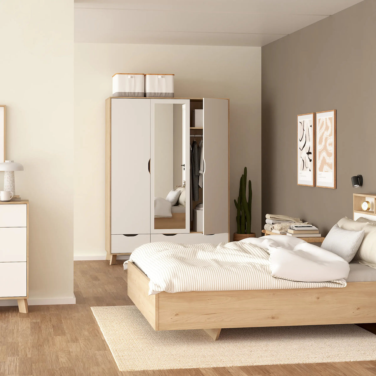 Ikast Wardrobe 3 Doors 2 Drawers with Mirror in Jackson Hickory and White