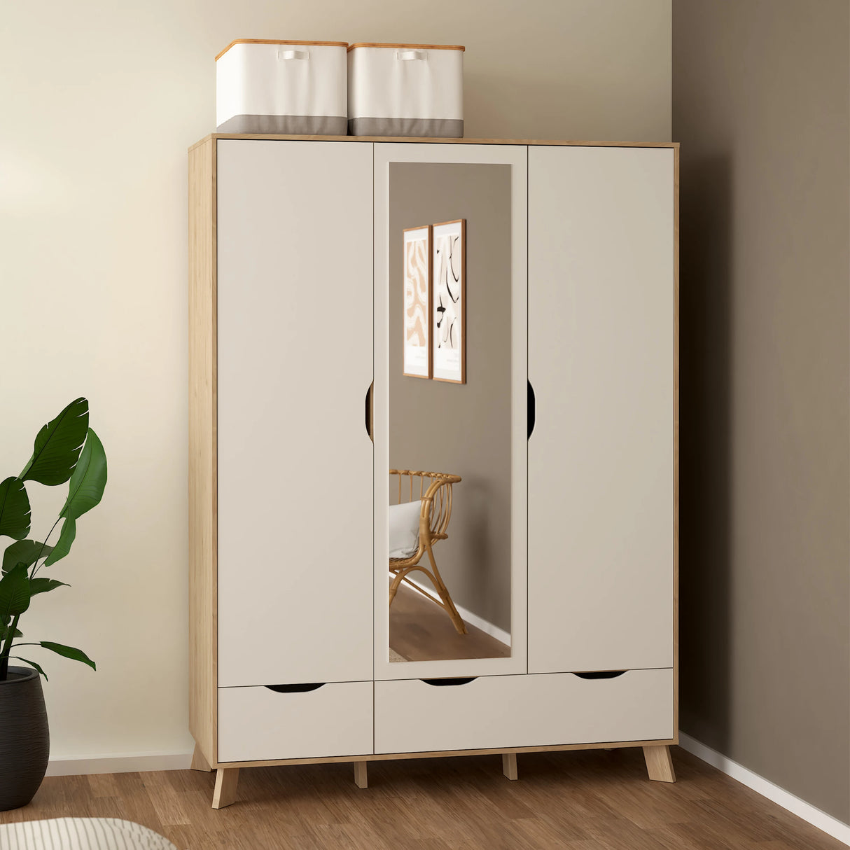 Ikast Wardrobe 3 Doors 2 Drawers with Mirror in Jackson Hickory and White